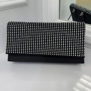 Black Evening Clutch with Rhinestones and Cord Strap